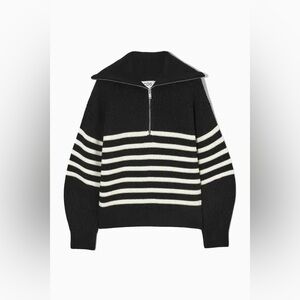 COS Wool & Cotton Half-Zip Sweater Black Striped Knit Pullover Size XS
